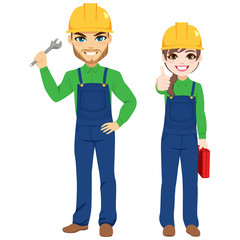 Male and female workers holding monkey wrench and toolbox builder team