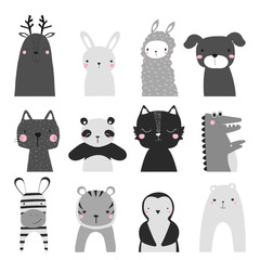 Black and white set of cute animals. Childish graphic. Vector hand drawn illustration.