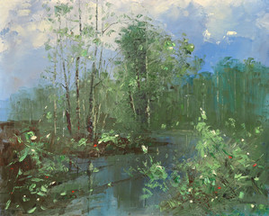 Summer calm. Palette knife oil painting on canvas.