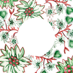 Watercolor round frame of Scandinavian patterns with green hearts on white background for beautiful design