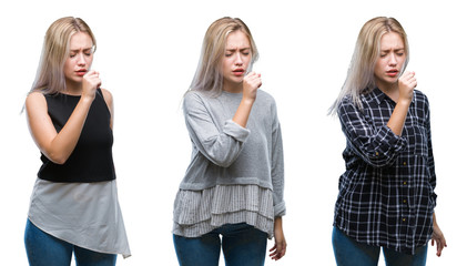 Collage of beautiful blonde young woman over isolated background feeling unwell and coughing as symptom for cold or bronchitis. Healthcare concept.