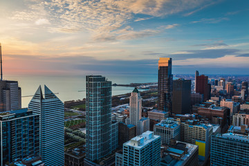 Aerial view looking at the south shore of Chicago Illinois with beautiful clouds in the sky during the morning sunrise