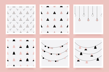Modern feminine Christmas seamless pattern collection in rose gold color hue