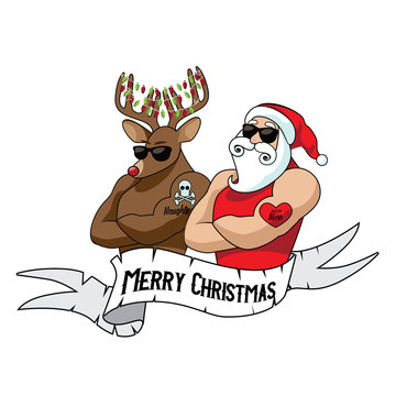Cartoon Santa Claus and reindeer muscle man with naughty and nice tattoos. Eps10 vector illustration.