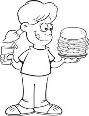 Black and white illustration of a girl holding a large hamburger and a drink.