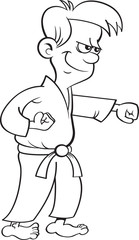 Black and white illustration of a boy in a Karate uniform punching.