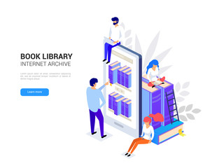 Online library concept. Smartphone with bookshelves. Online education isometric. Web archive and e-learning tutorials for social media 3d vector illustration