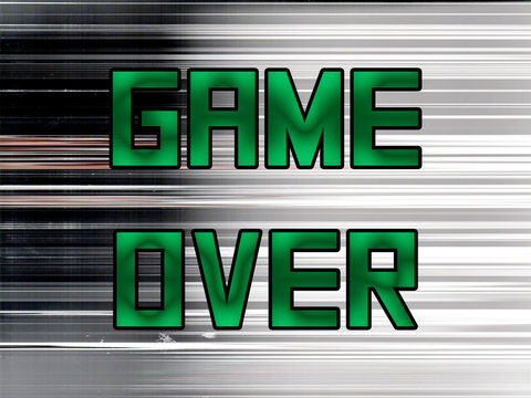 A game over text message screen, green square war camouflage text, over horizontal black-and-white stripes.

