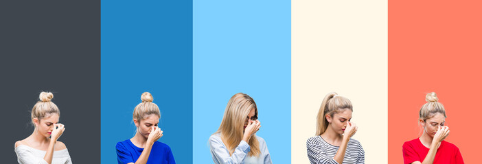 Collage of young beautiful blonde woman over vivid colorful vintage stripes isolated background tired rubbing nose and eyes feeling fatigue and headache. Stress and frustration concept.