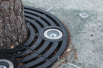 storm grids in the sidewalk in the park