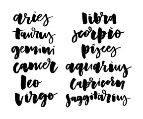 Horoscope set Lettering Calligraphy Vector Brush Text illustration astrology