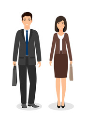 Business people couple characters standing together. Business man and woman with briefcases isolated on white background