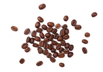 pile coffee beans isolated on white background and texture, top view