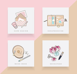 Line art icon set depicting card making, scrapbooking, wood work and decoupage