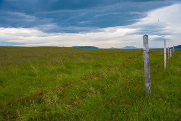 Fototapeta premium Peaceful landscape in Iceland with barbed wire fence in foreground