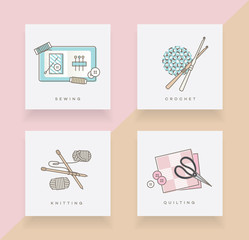 Set of four icons depicting sewing, crochet, knitting and quilting in top view perspective