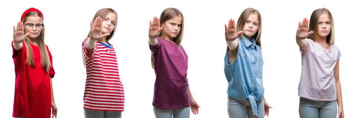 Collage of young beautiful little girl kid over isolated background doing stop sing with palm of the hand. Warning expression with negative and serious gesture on the face.