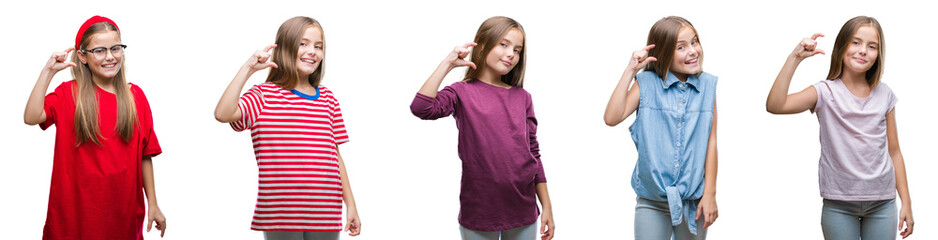 Collage of young beautiful little girl kid over isolated background smiling and confident gesturing with hand doing size sign with fingers while looking and the camera. Measure concept.