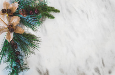 Evergreen Branches with Berries On Marble Background