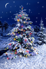 Christmas night postcard. Christmas decoration.Christmas tree
