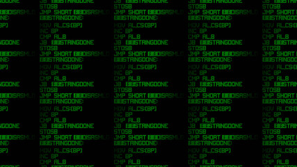 A repeatable seamless pattern: source code on a computer LCD screen, assembler language instructions, leds. Green on black.
