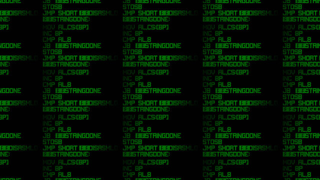 A repeatable seamless pattern: source code on a computer LCD screen, assembler language instructions, leds. Green on black.
