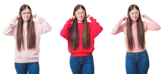 Obraz premium Collage of young beautiful Chinese woman over isolated background covering ears with fingers with annoyed expression for the noise of loud music. Deaf concept.