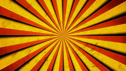 Red and yellow stripes, with shadows, converging and forming a circle. Aged old retro vintage texture.
