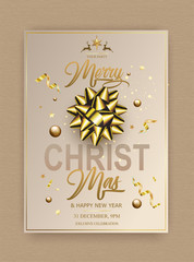 Merry Christmas winter holiday greeting card design template. Party poster, banner or invitation. Luxury Vector background with golden gift bow