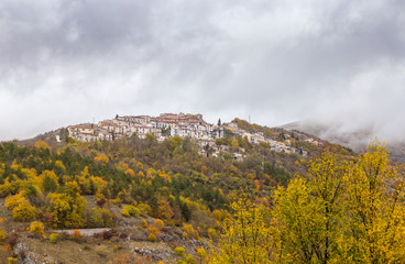 Small village perched on top of hill, Barrea, Abruzzo, Italy. October 13, 2017