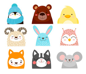 Set of cute cute animals. Penguin, lamb, rabbit, chicken, bear and others.