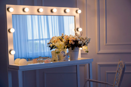 Boudoir Table. Details Of The Interior Of The Bedroom For Girls And Make-up, Hairstyles With A Mirror