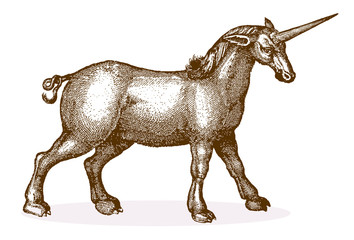 Muscular heavy horse-like unicorn in side view. Illustration after a historical engraving from the 17th century. Easy editable in layers