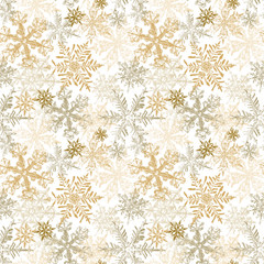 Gold Snowflakes Seamless Pattern, Christmas Vector Background