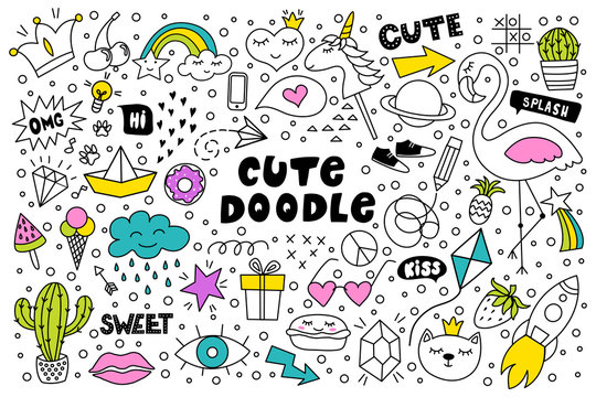 Set of cute and colorful doodle hand drawing