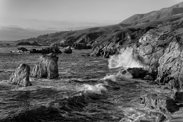 Sea Waves Crash at Garrapata State Park in Black and White