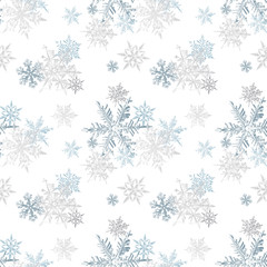 Silver Blue Snowflakes Seamless Pattern, Christmas Vector Background