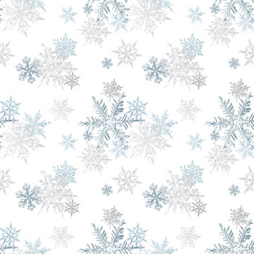 Silver Blue Snowflakes Seamless Pattern, Christmas Vector Background