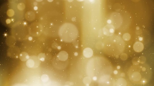Magic artistic shiny golden circle bokeh with snowflakes background. 