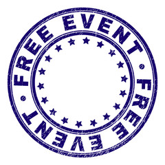 FREE EVENT stamp seal watermark with distress texture. Designed with round shapes and stars. Blue vector rubber print of FREE EVENT title with dust texture.