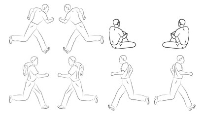 Sitting and Running black line mens on white background. Vector graphic icon set. Sketch style