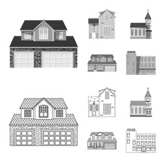 Vector illustration of building and front sign. Set of building and roof vector icon for stock.