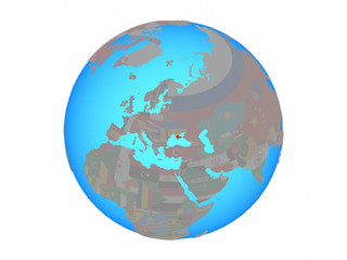 Crimea with national flag on blue political globe. 3D illustration isolated on white background.