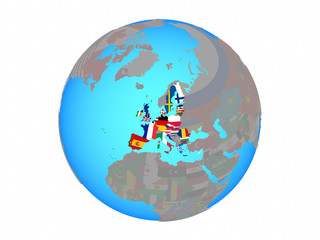 European Union with national flags on blue political globe. 3D illustration isolated on white background.
