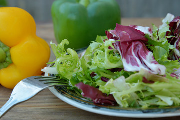 Fresh green salad plate, with spinach, arugula, romaine and lettuce. Healthy food. Wooden table.