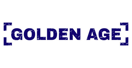 GOLDEN AGE title seal print with distress style. Text title is placed between corners. Blue vector rubber print of GOLDEN AGE with unclean texture.
