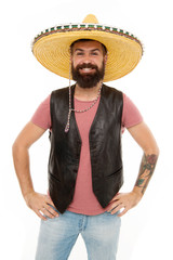 Man bearded cheerful guy wear sombrero mexican hat. Mexican party concept. Celebrate traditional...