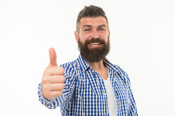Great choice. Man bearded hipster recommend or approve something isolated white background....