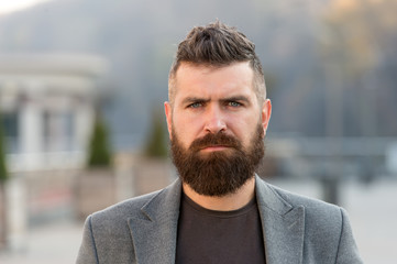 Hipster appearance. Stylish beard and mustache fall and winter season. Beard fashion and barber...