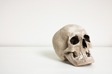 Human skull laid on white desk in front of white wall with space around